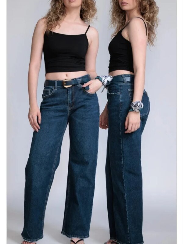 Pantalon Wide Leg de Mezclilla Azul con Cinto para Mujer