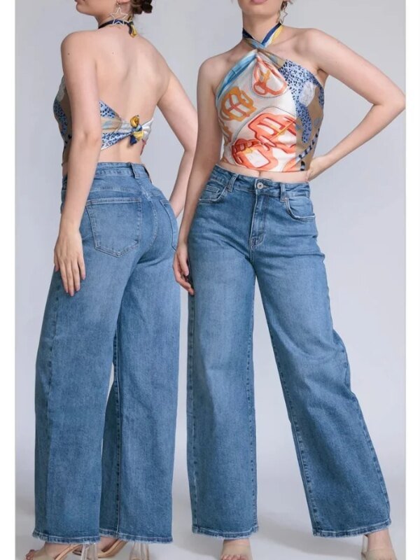 Pantalon Wide Leg de Mezclilla Azul Tiro Alto para Mujer