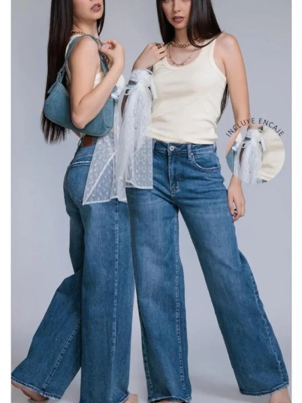 Pantalon Wide Leg de Mezclilla Azul Pierna Ancha para Mujer