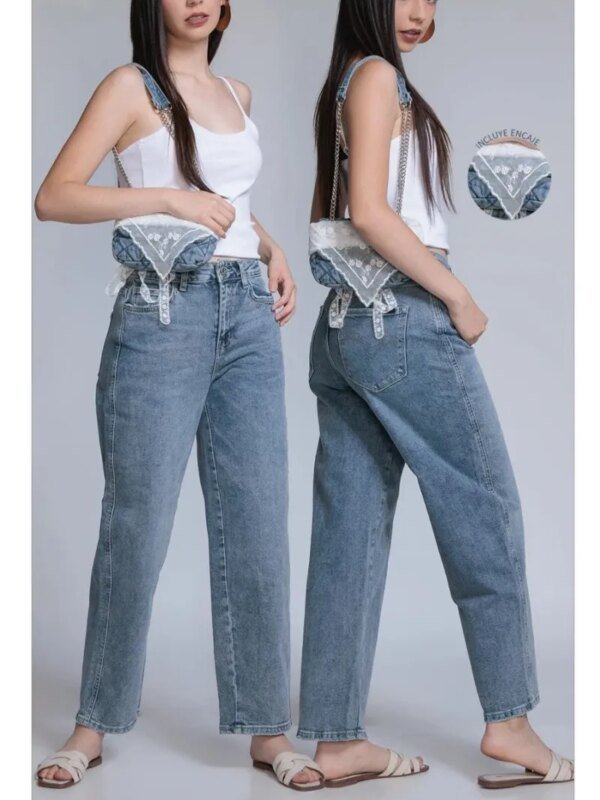 Pantalon Barrel de Mezclilla Azul Clasica para Mujer