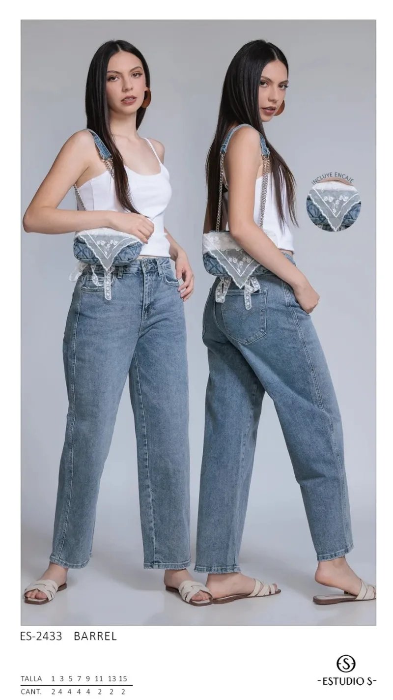 Pantalon Barrel de Mezclilla Azul Clasica para Mujer