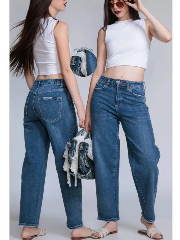 Pantalon Barrel de Mezclilla Azul Clasico para Mujer
