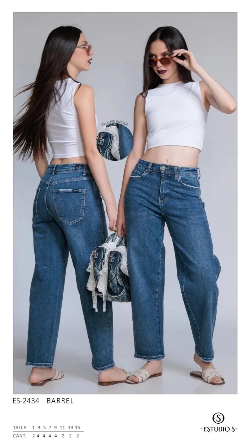Pantalon Barrel de Mezclilla Azul Clasico para Mujer