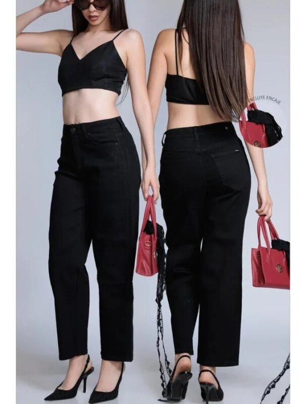 Pantalon Barrel Negro de Cintura Alta para Mujer Estilo Urbano