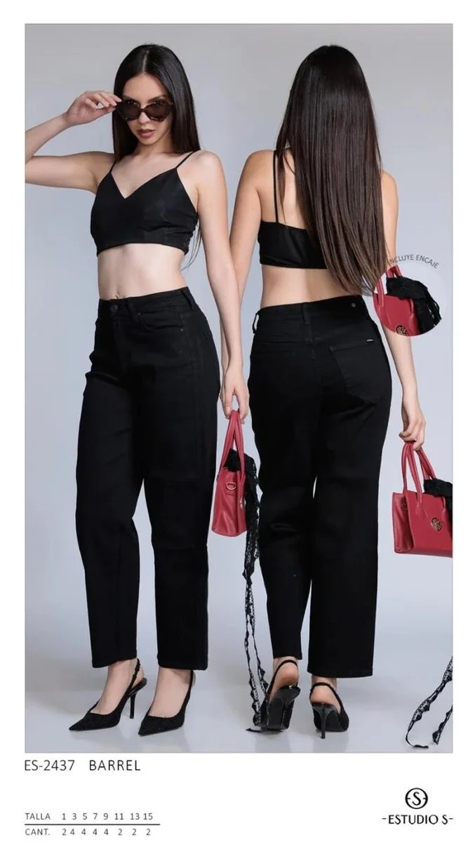 Pantalon Barrel Negro de Cintura Alta para Mujer Estilo Urbano