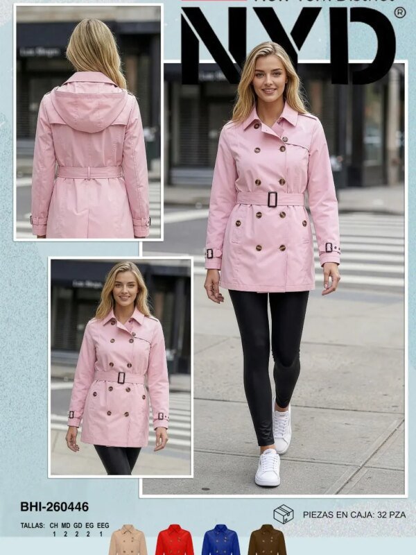 Gabardina Trench Coat Rosada Doble Botonadura Cinturon Para Mujer
