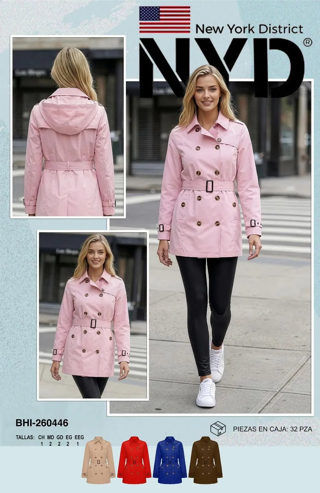 Gabardina Trench Coat Rosada Doble Botonadura Cinturon Para Mujer