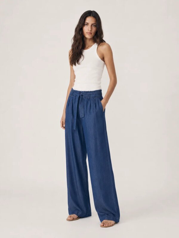 Pantalon Wide Leg de Mezclilla Azul con Cinturon para Mujer