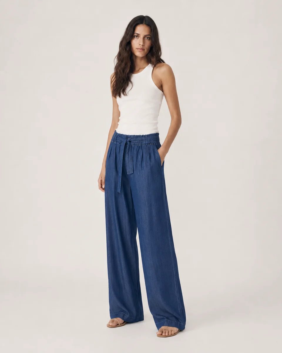 Pantalon Wide Leg de Mezclilla Azul con Cinturon para Mujer