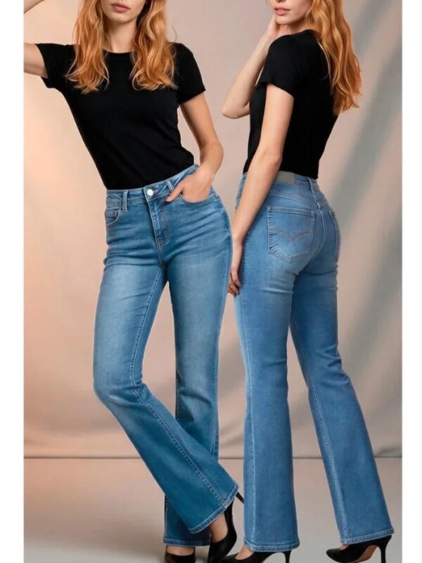 Jeans Acampanados de Tiro Alto Azul Medio para Mujer