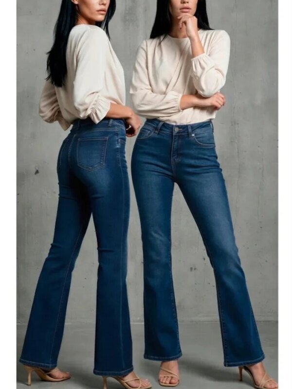 Pantalon Acampanado de Mezclilla Azul Tiro Alto para Mujer