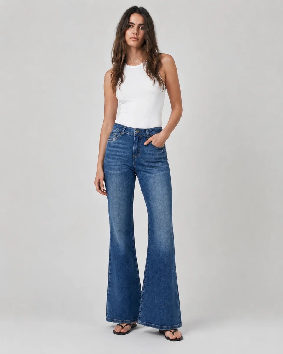 Pantalon Acampanado de Mezclilla Azul Tiro Alto para Mujer