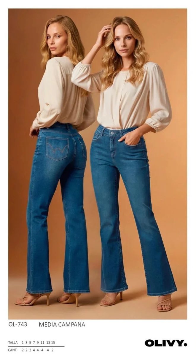 Pantalon Acampanado de Mezclilla Azul Media Campana para Mujer