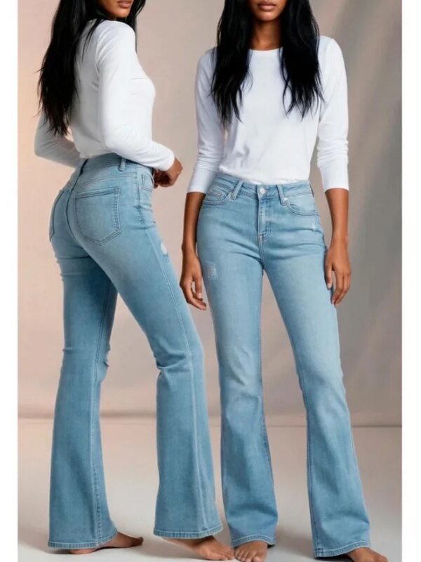 Pantalon Acampanado de Mezclilla Clara Tiro Alto para Mujer