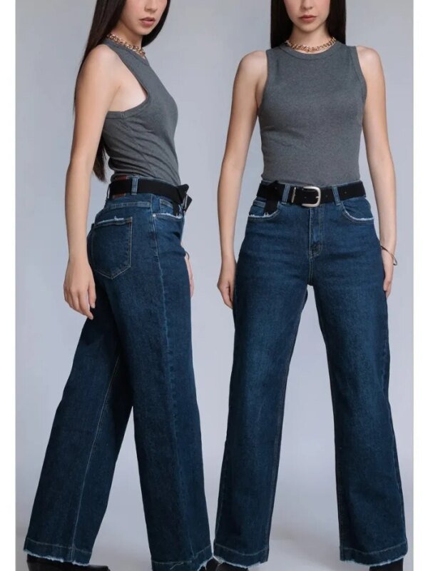Pantalon Wide Leg de Mezclilla Azul con Cinto para Mujer