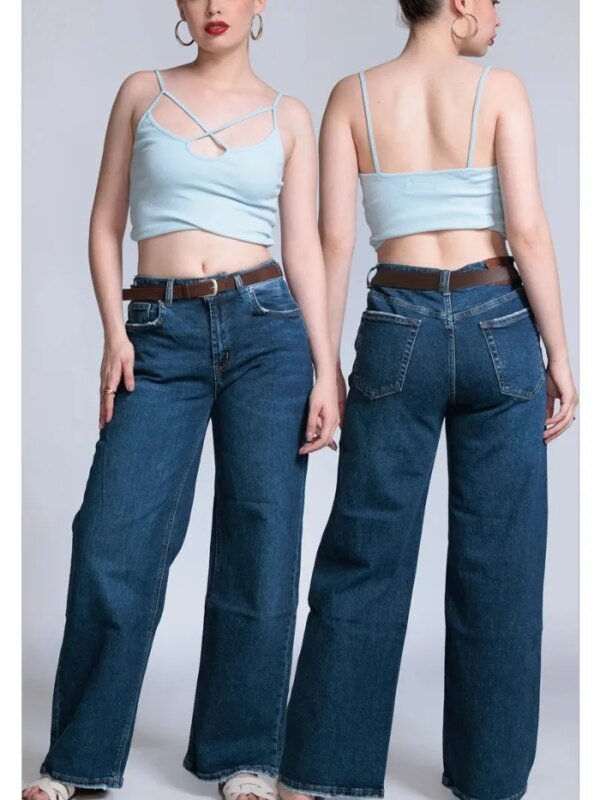 Pantalon Wide Leg de Mezclilla Azul con Cinto para Mujer