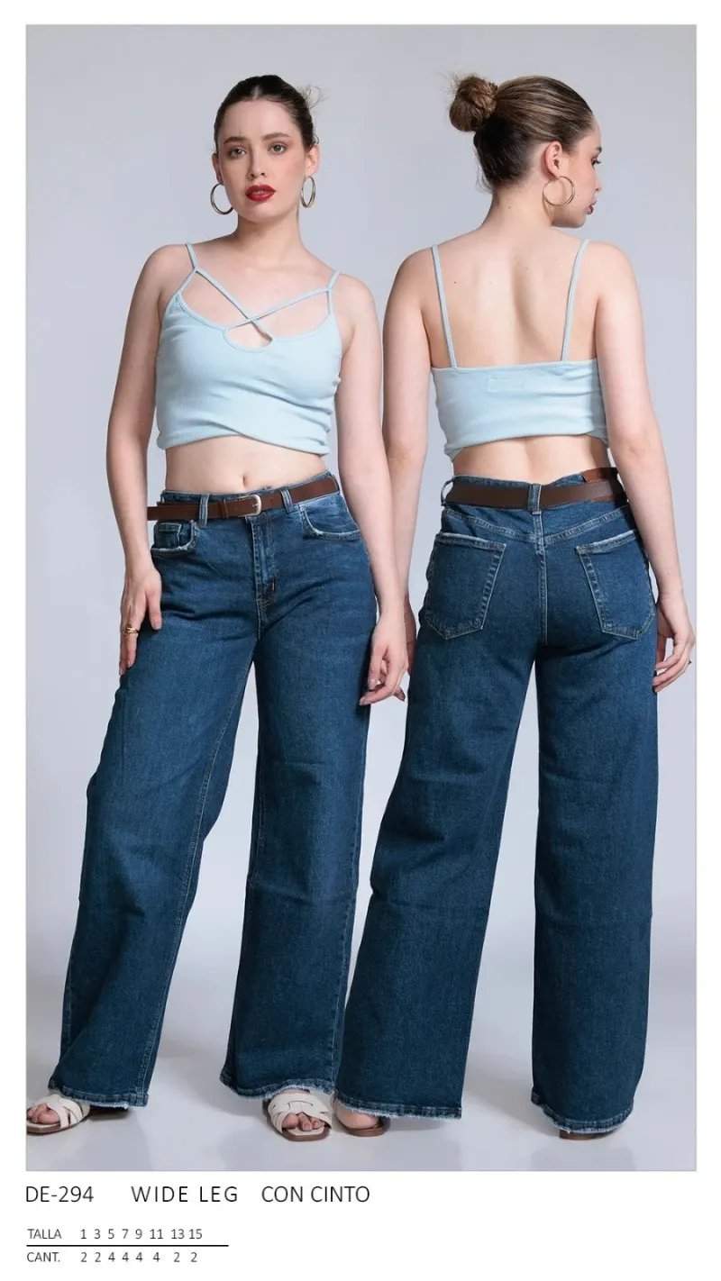 Pantalon Wide Leg de Mezclilla Azul con Cinto para Mujer