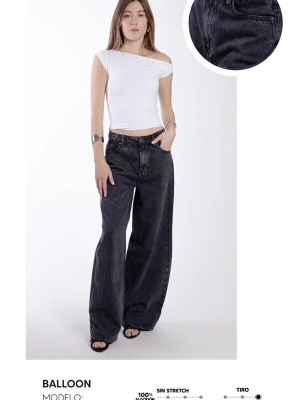 Pantalon Wide Leg de Mezclilla Negra Efecto Desgastado para Mujer