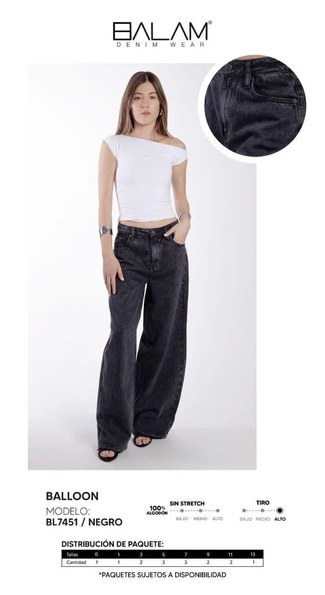 Pantalon Wide Leg de Mezclilla Negra Efecto Desgastado para Mujer