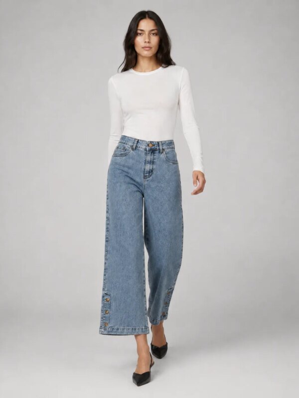 Pantalon Wide Leg de Mezclilla Azul con Botones para Mujer