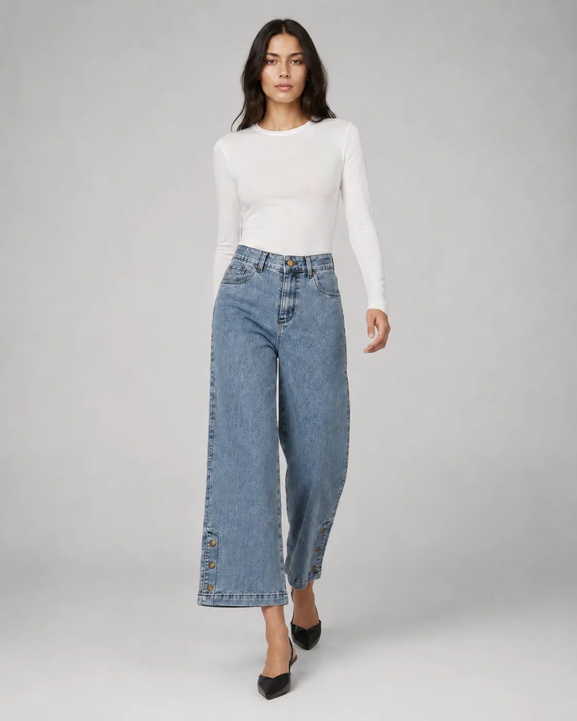 Pantalon Wide Leg de Mezclilla Azul con Botones para Mujer