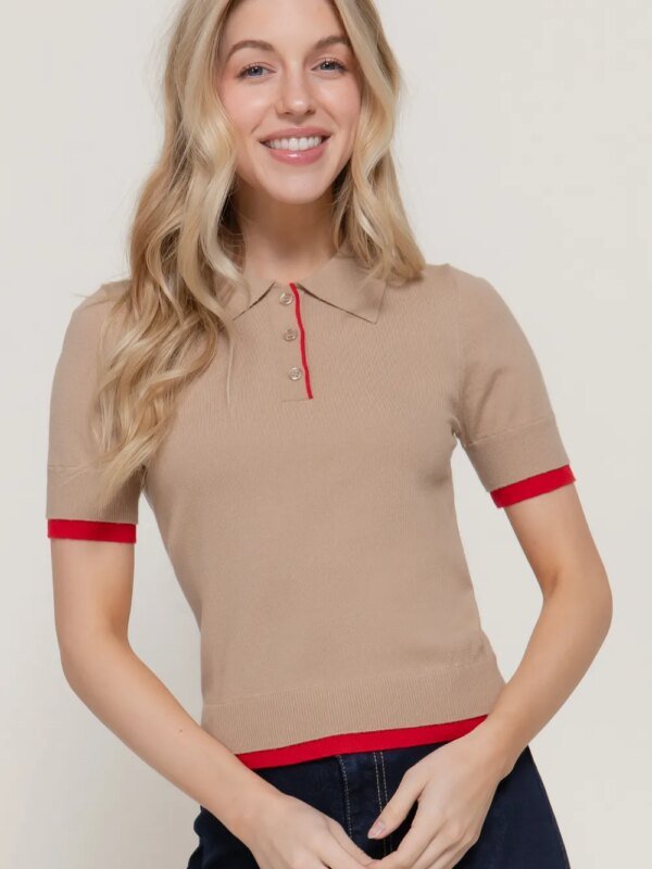 Blusa Polo de Punto con Ribetes en Contraste Rojo para Mujer