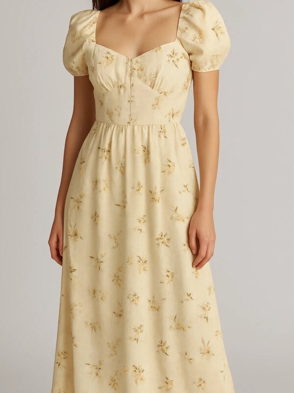 Vestido Midi Floral con Escote Corazon y Mangas Abullonadas para Mujer