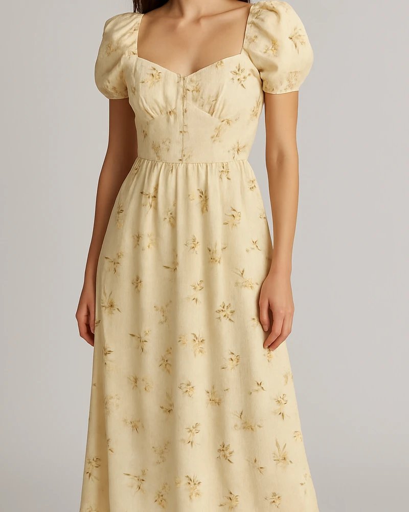 Vestido Midi Floral con Escote Corazon y Mangas Abullonadas para Mujer