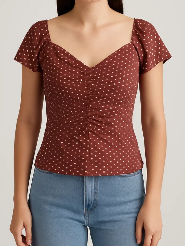 Blusa Manga Corta con Fruncido Central y Estampado de Lunares para Mujer