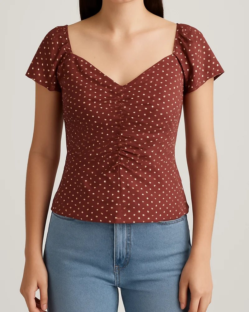 Blusa Manga Corta con Fruncido Central y Estampado de Lunares para Mujer