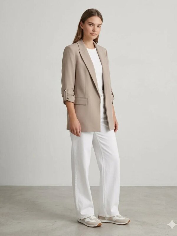 Blazer Oversize Beige Elegante Con Solapas Para Mujer