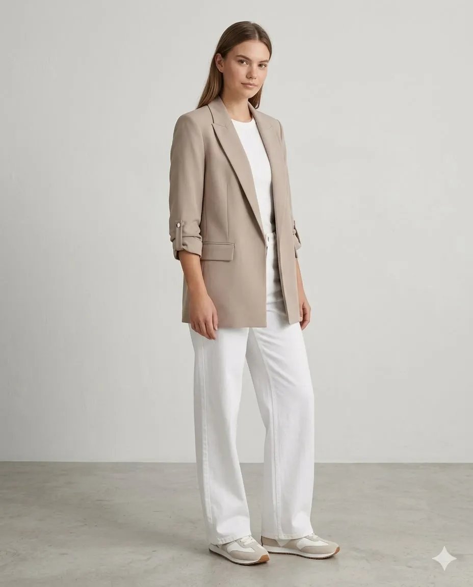 Blazer Oversize Beige Elegante Con Solapas Para Mujer