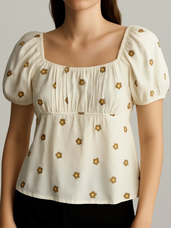 Blusa Margaritas Bordadas Escote Cuadrado con Manga Globo para Mujer
