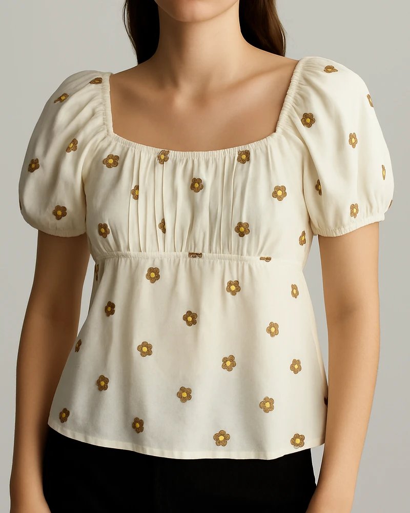 Blusa Margaritas Bordadas Escote Cuadrado con Manga Globo para Mujer