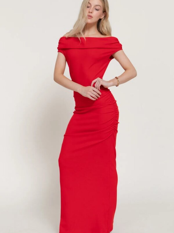 Vestido Largo Rojo Off Shoulder Ajustado para Mujer