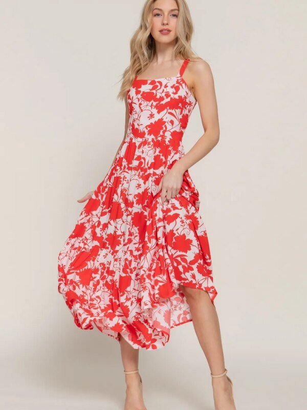 Vestido Midi Floral Rojo y Blanco con Tirantes para Mujer