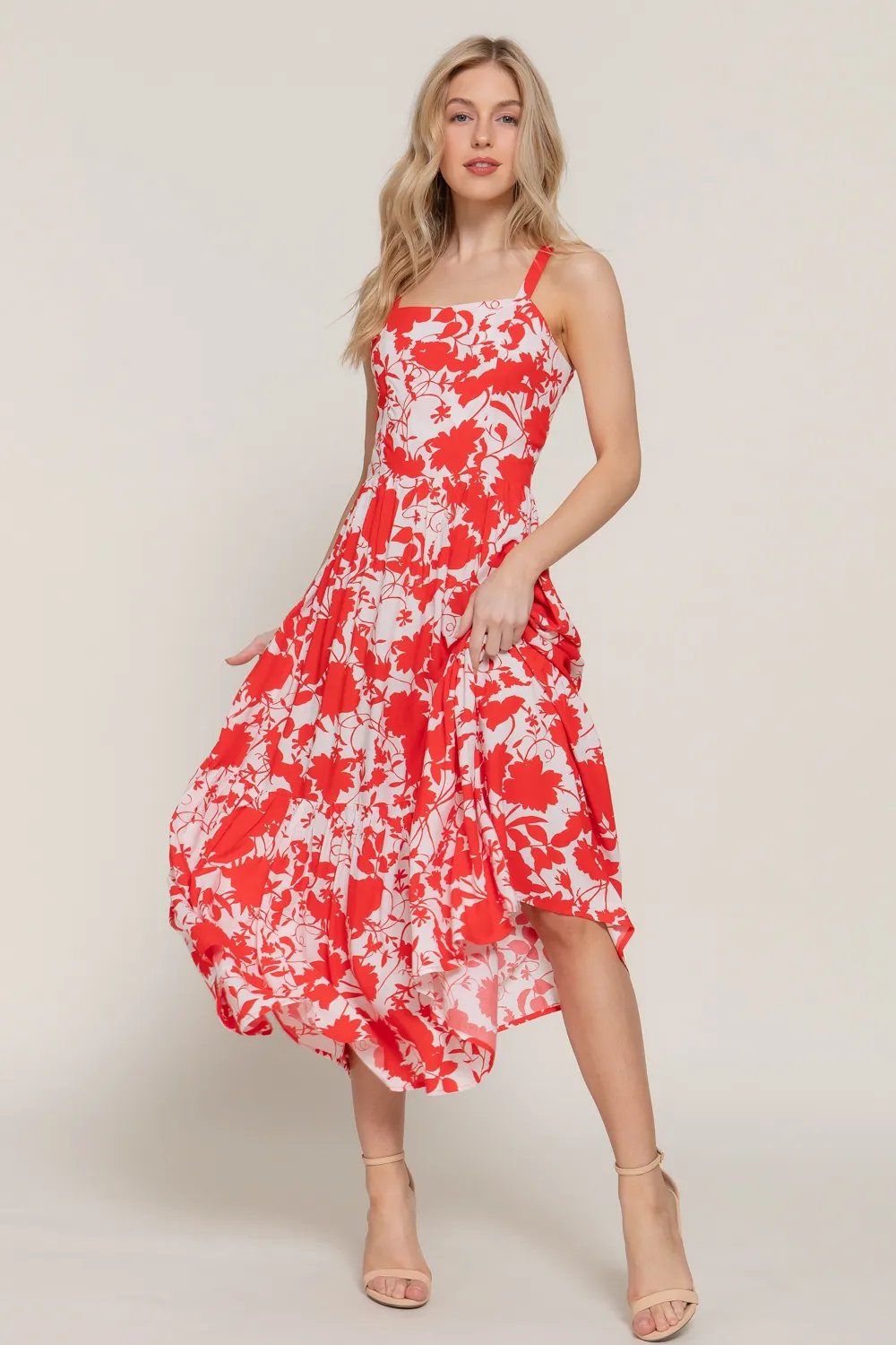 Vestido Midi Floral Rojo y Blanco con Tirantes para Mujer