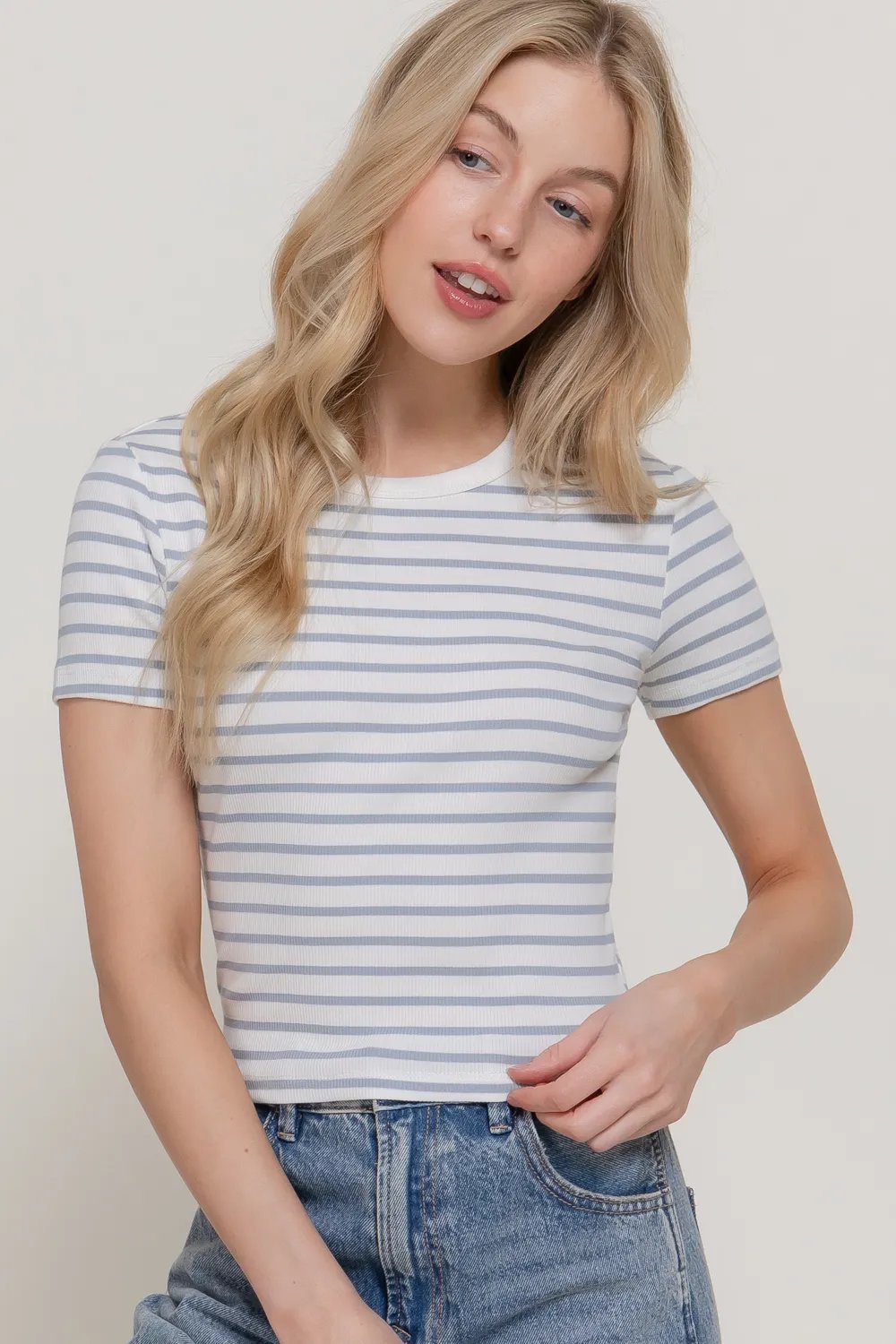 Blusa de Rayas Horizontales Manga Corta para Mujer Estilo Casual