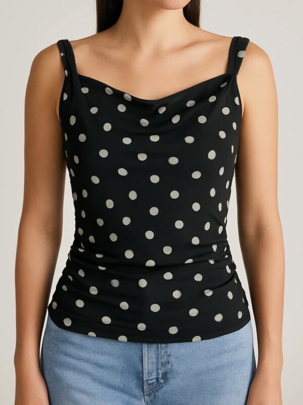 Blusa Camisola Mujer Escote Drapeado Estampado Polka Dots Negro