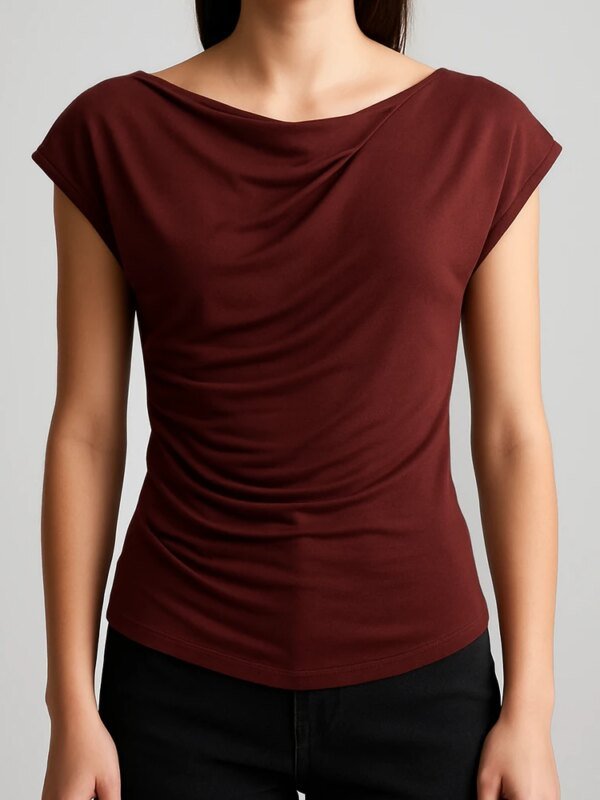Blusa Drapeada Escote Barco con Fruncidos Laterales para Mujer