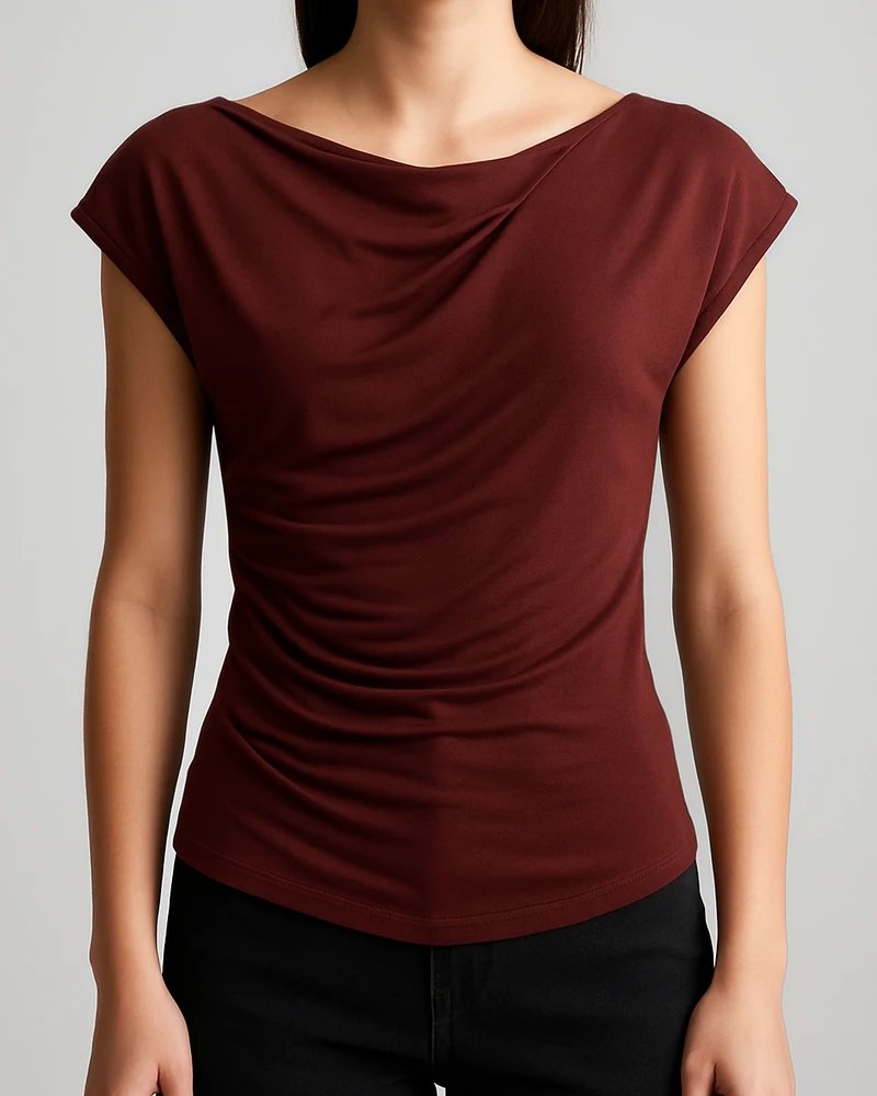 Blusa Drapeada Escote Barco con Fruncidos Laterales para Mujer