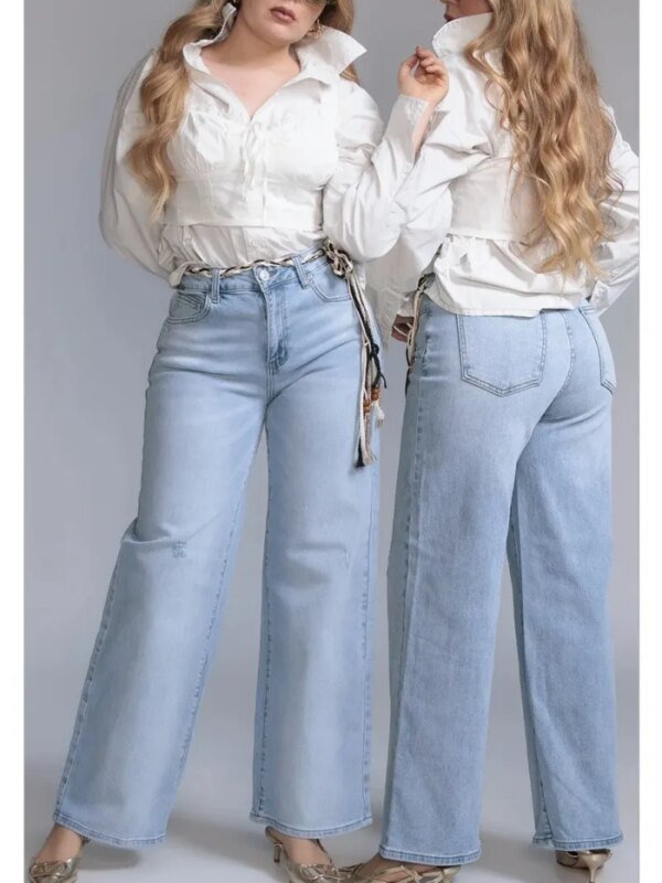 Pantalon Wide Leg Con Cinto De Mezclilla Clara Para Mujer