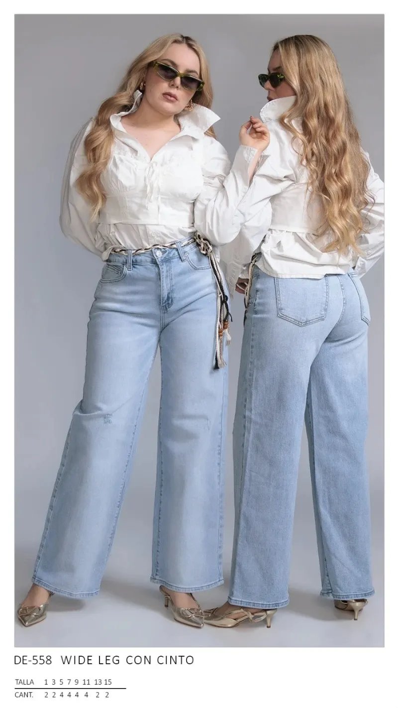 Pantalon Wide Leg Con Cinto De Mezclilla Clara Para Mujer