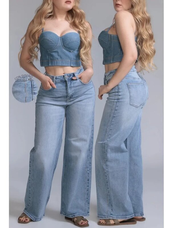 Pantalon Wide Leg de Mezclilla Clara para Mujer Tiro Alto