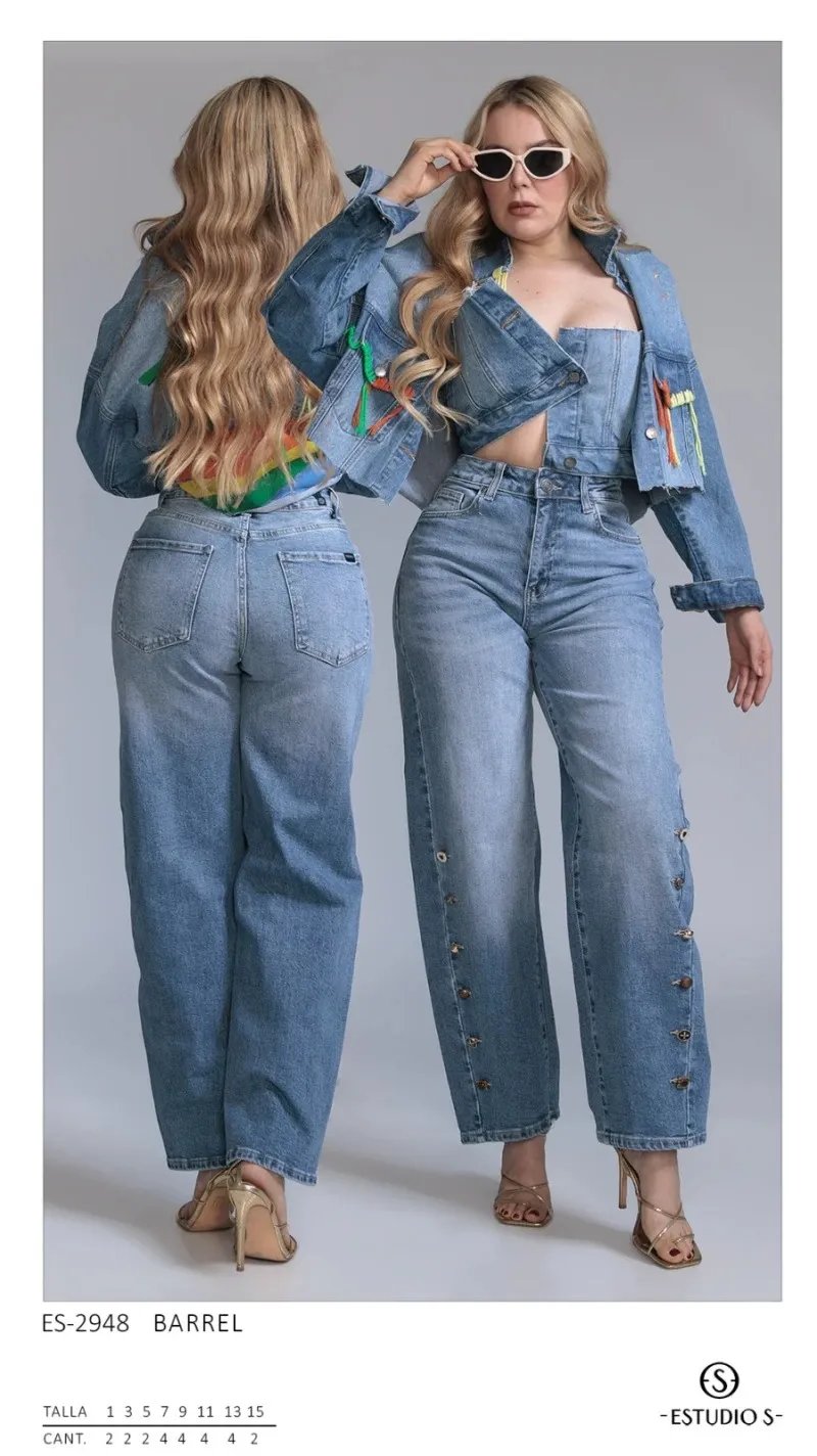 Pantalón Barrel de Mezclilla Azul con Botones Laterales para Mujer