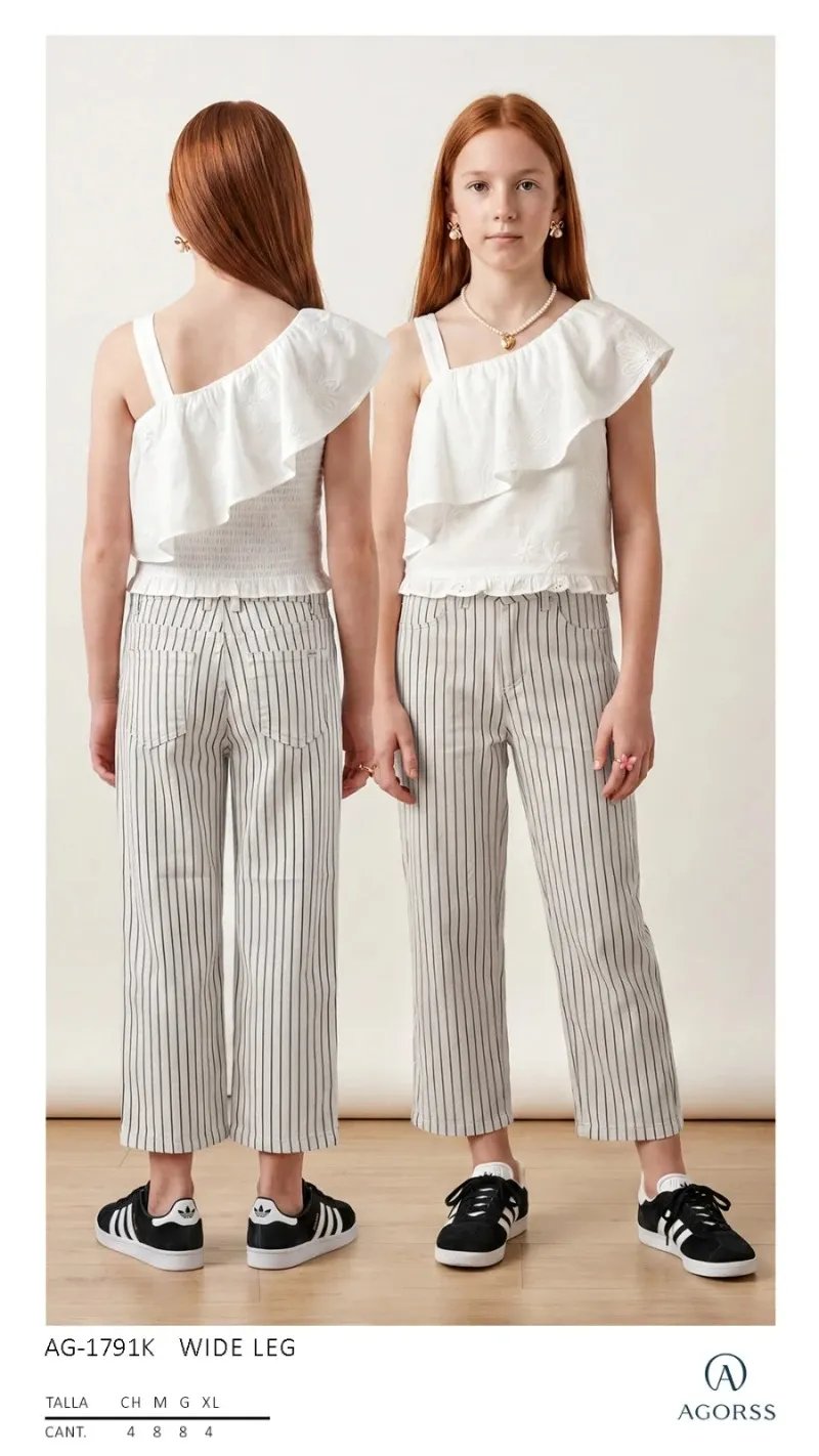 Pantalon Wide Leg a Rayas Verticales para Niña Estilo Casual