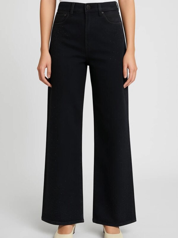 Jeans Wide Leg de Tiro Alto en Negro con Detalles Brillantes para Mujer