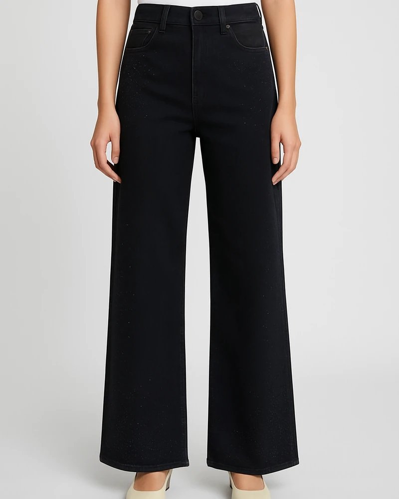 Jeans Wide Leg de Tiro Alto en Negro con Detalles Brillantes para Mujer