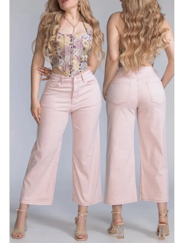 Pantalon Wide Leg Rosa Pastel de Tiro Alto para Mujer