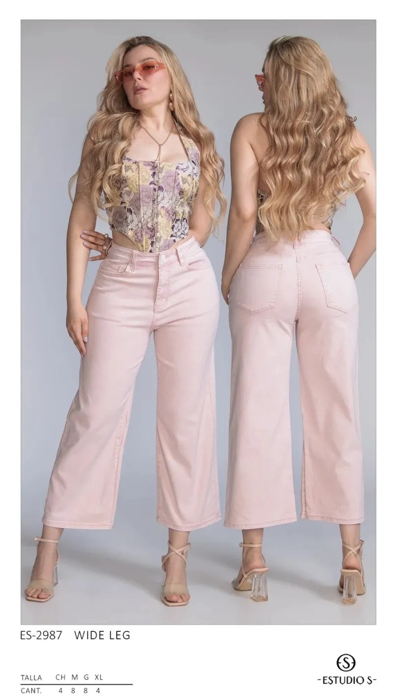 Pantalon Wide Leg Rosa Pastel de Tiro Alto para Mujer